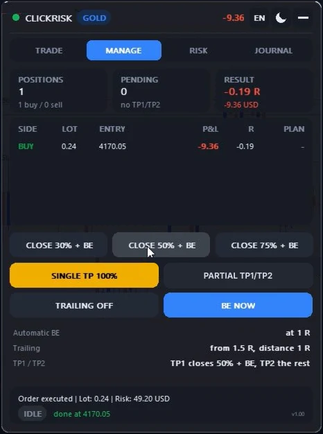 Screenshot of the ClickRisk panel, MANAGE tab, with an open position