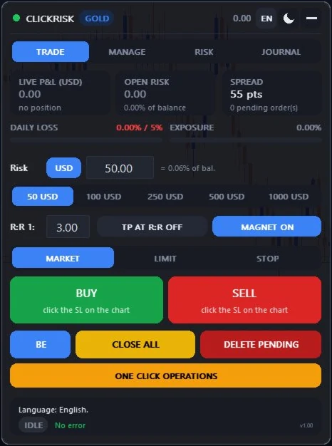 Screenshot of the ClickRisk panel, TRADE tab, in MetaTrader 5